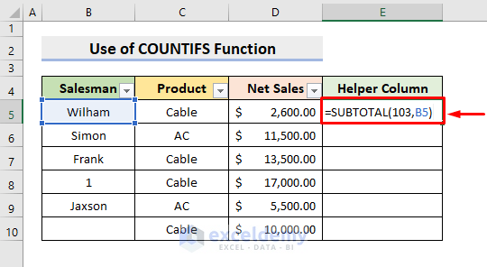 Excel COUNTIFS Function for Counting Filtered Cells with Text