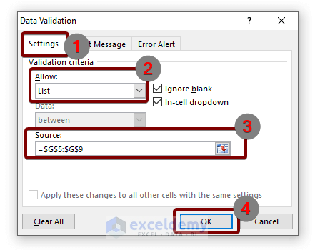 Data Validation dialog box: Make a Unique List to Create a Drop Down List Filter Based on Cell Value in Excel