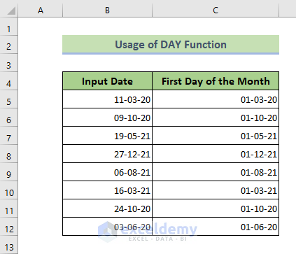 Get the First Day of the Any Month in Excel