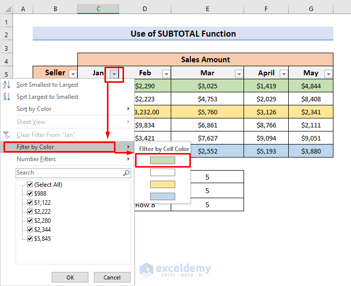 Count Colored Cells in a Row Using Excel Formula with  SUBTOTAL Function