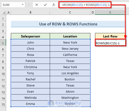 Formula with ROW and ROWS Functions to Find Last Row Number with Data in Excel