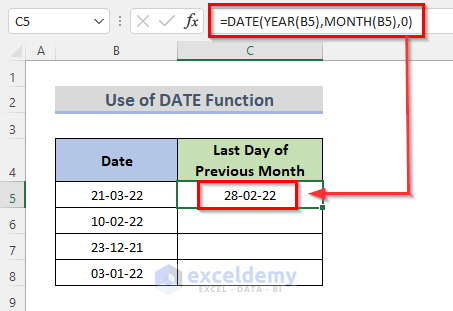 Detect the Last Day of Previous Month with Excel DATE Function