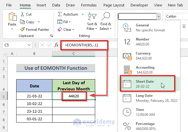 Excel EOMONTH Function to Find Last Day of Previous Month