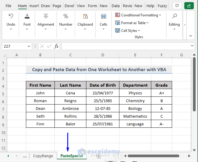 Result of VBA Macro to Copy and Paste Data with PasteSpecial from One Worksheet to Another in Excel