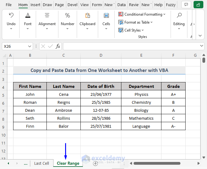 Result of VBA Macro to First Clear then Copy and Paste Data from One Worksheet to Another in Excel