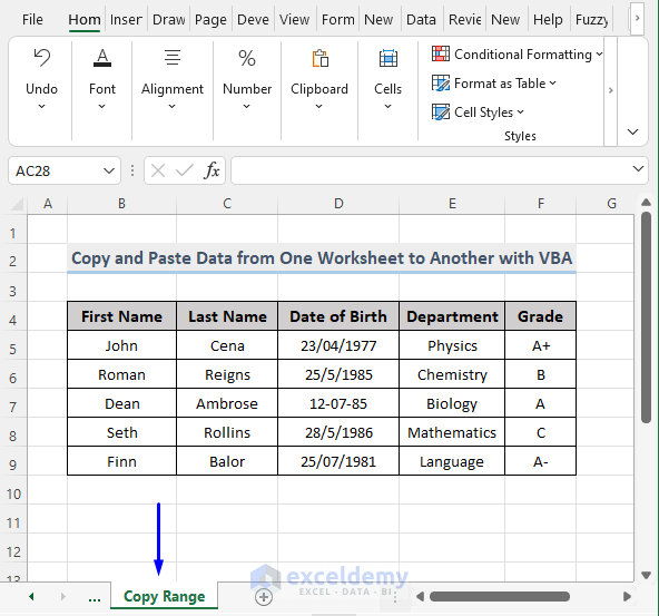 Result of VBA Macro to Copy and Paste Data from One Worksheet to Another in Excel with Range.Copy