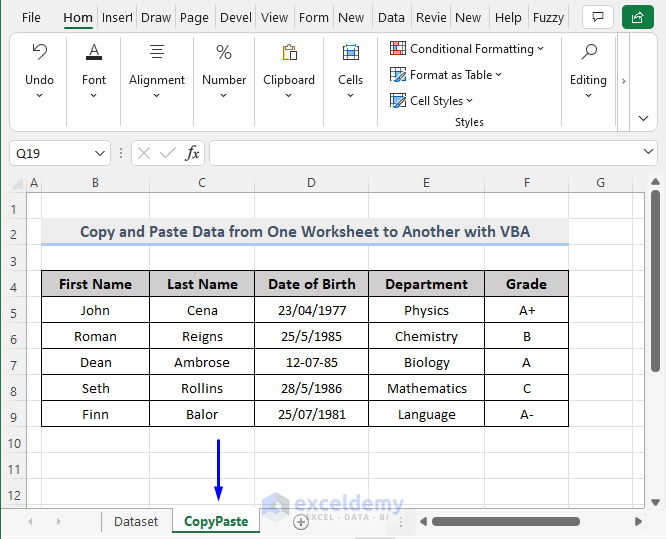 Result of VBA Macro to Copy and Paste a range of Data from One Worksheet to Another in Excel