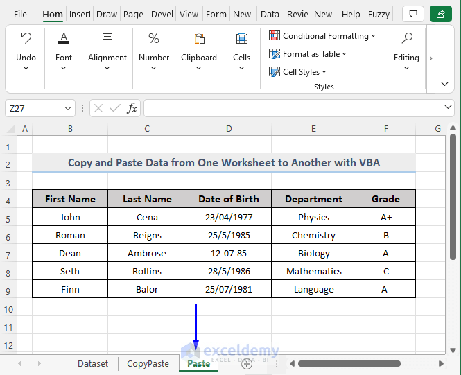 Result of VBA Macro to Copy and Paste Data from One Active Worksheet to Another in Excel