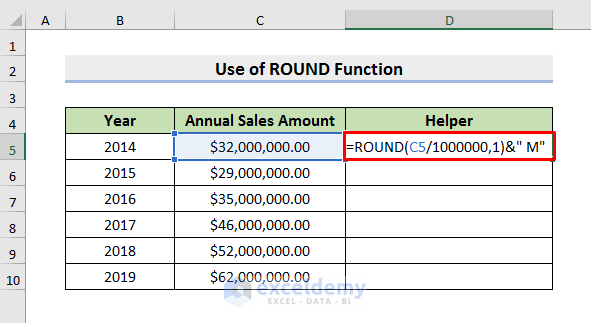 Insert Excel ROUND Function to Implement Number Format in Millions with Comma