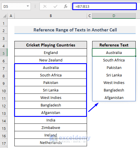 Result of Reference a Range of Texts in Another Cell in Excel