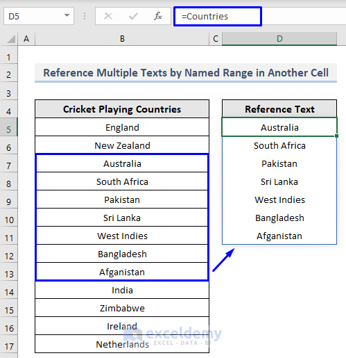 Result of Reference Range of Text in Another Cell in Excel with Named range
