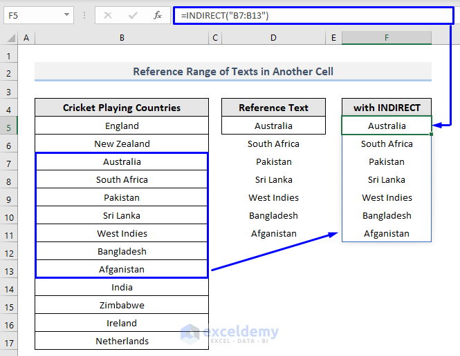Reference a Range of Text in Another Cell in Excel with Indirect