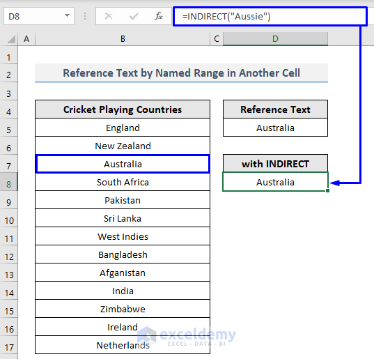 Reference Text in Another Cell in Excel with Named range with Indirect