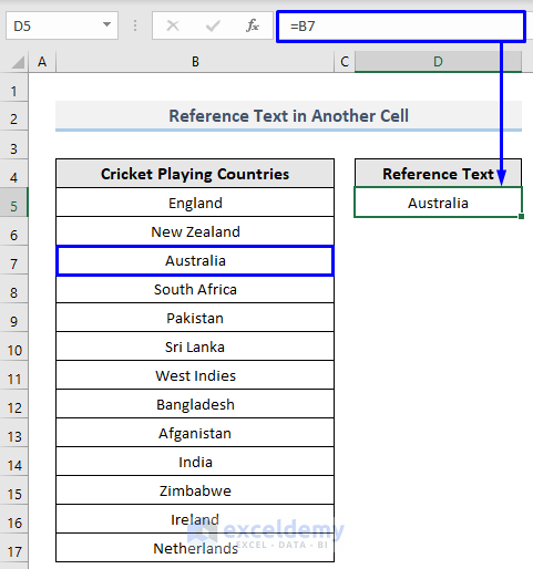 Result of Reference Text from One Cell to Another Cell in the Same Worksheet in Excel