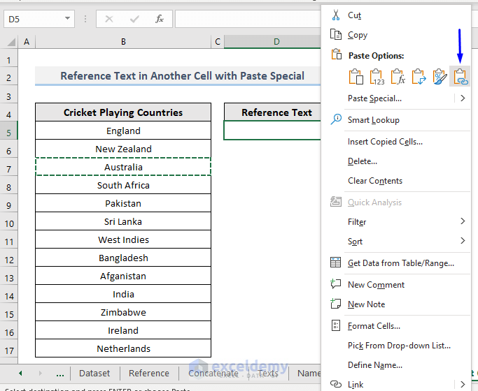 Excel reference text in another cell with paste special