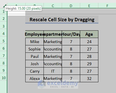 Rescale Cell Size to Default in Excel by Dragging