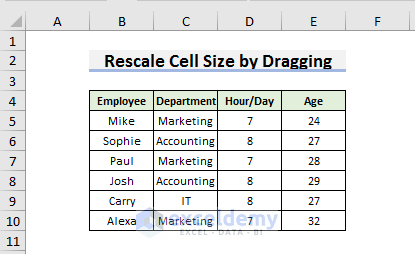 Rescale Cell Size to Default in Excel by Dragging