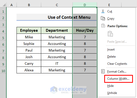 Use Context Menu to Resize Cell Size to Default in Excel