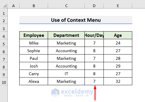 Use Context Menu to Resize Cell Size to Default in Excel