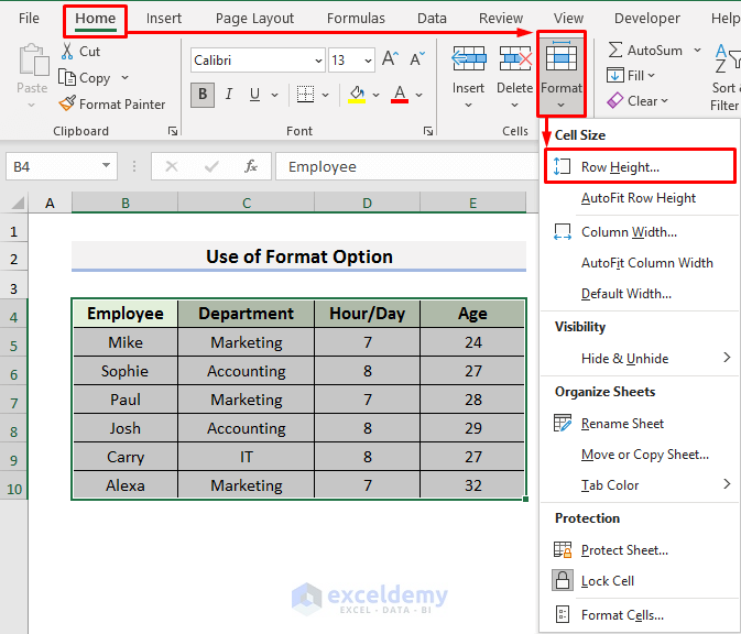 Restore Cell Size to Default with Format Option in Excel