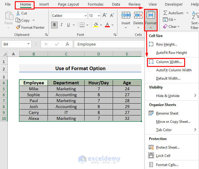 Restore Cell Size to Default with Format Option in Excel