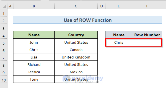 Return Row Number of a Cell Match in Excel with ROW Function
