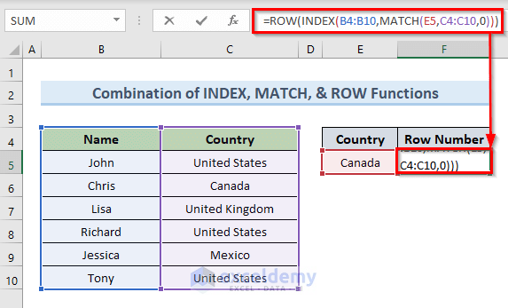 Combine INDEX, MATCH & ROW Functions to Return Row Number of a Match in Excel