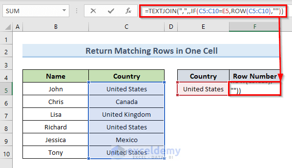 Return All Row Numbers of a Cell Match in One Cell in Excel