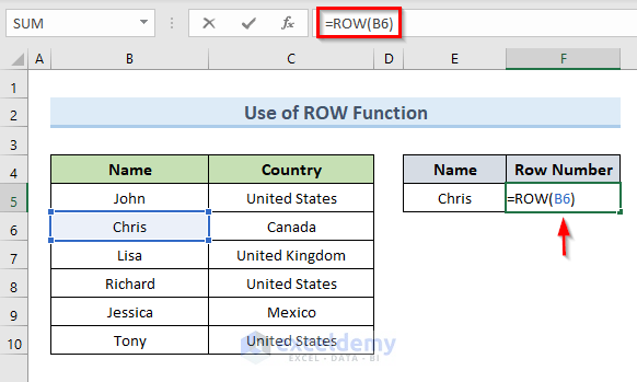 Return Row Number of a Cell Match in Excel with ROW Function