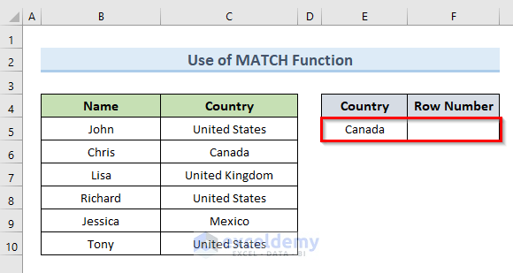 Use MATCH Function to Get Row Number in Excel