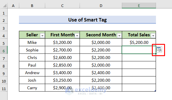 Use Smart Tag When AutoFill Formula is Not Working in Excel Table