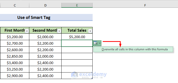 Use Smart Tag When AutoFill Formula is Not Working in Excel Table