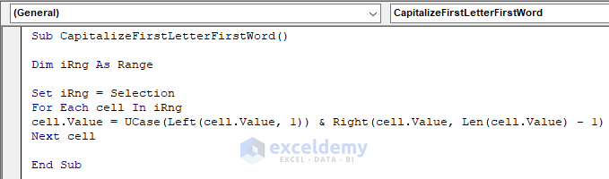 vba excel text format capitalize first letter and keep the rest as it is