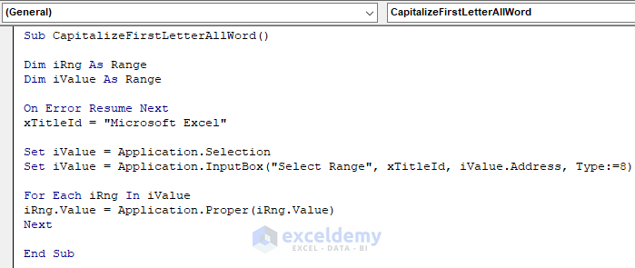 vba excel text format capitalize every first letter