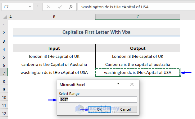 select range excel text format capitalize first letter