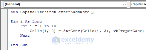 vba excel text format capitalize first letter of dataset
