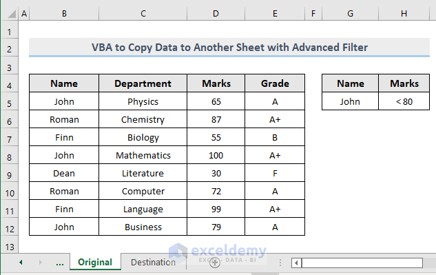 Dataset of excel vba advanced filter copy to another sheet