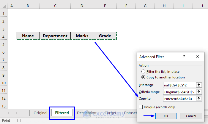 selecting range, criteria and destination for excel vba advanced filter copy to another sheet