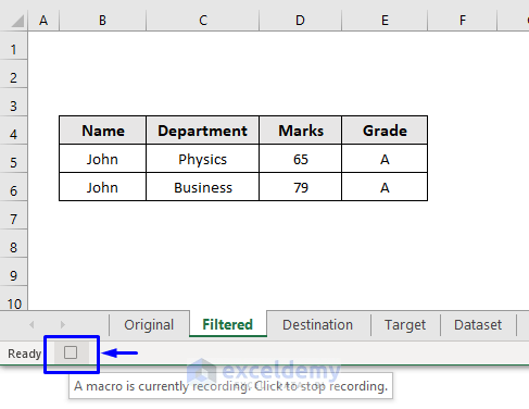 result of excel vba advanced filter copy to another sheet by macro recording
