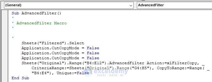 code of recorded macro for excel vba advanced filter copy to another sheet