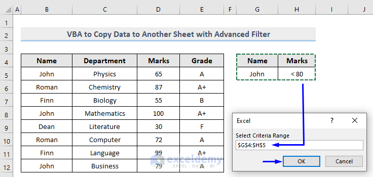 selecting criteria for excel vba advanced filter copy to another sheet