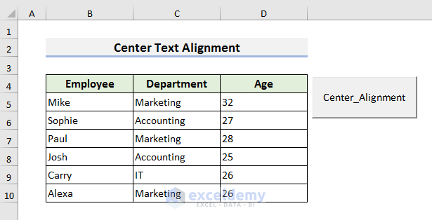 Apply Excel VBA to Perform Center Text Alignment with Command Button
