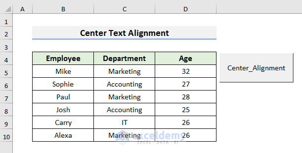 Apply Excel VBA to Perform Center Text Alignment with Command Button