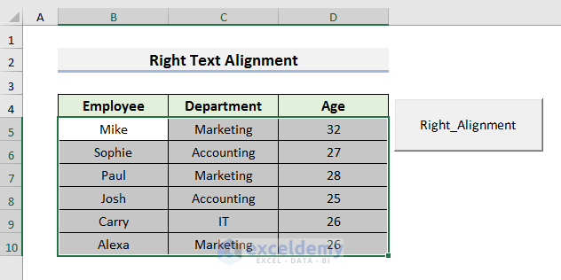 Excel VBA Command Button to Implement Right Text Alignment