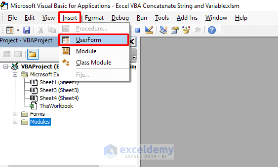 Inserting UserForm to Concatenate String and Variable in Excel VBA