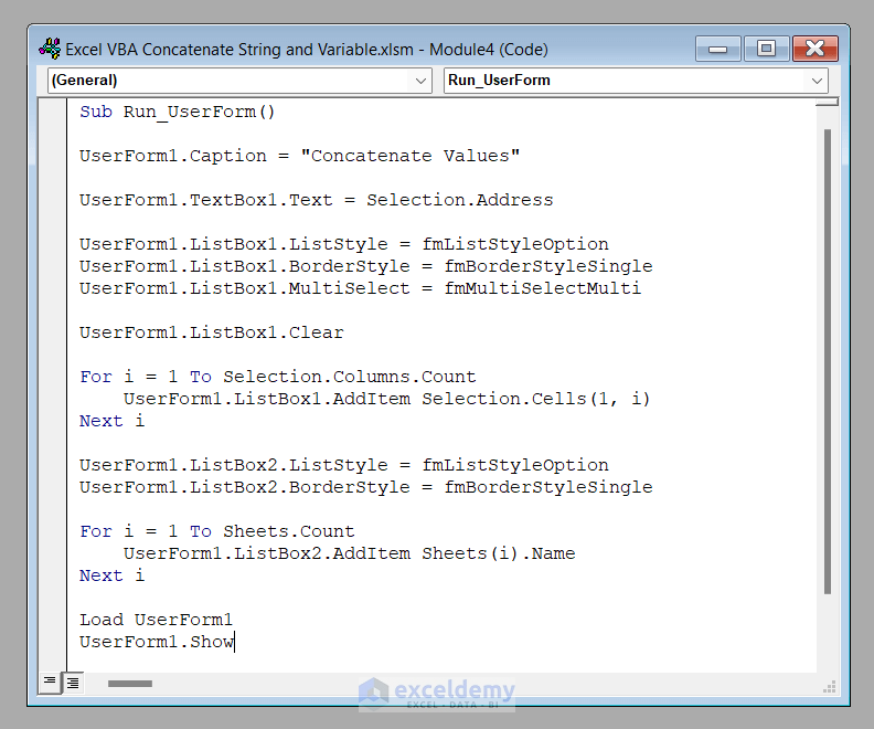 UserForm Code to Concatenate String and Variable in Excel VBA