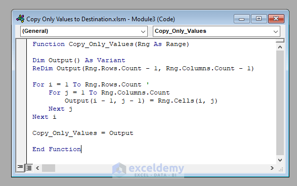Function Code to Copy Only Values to Destination with Excel VBA