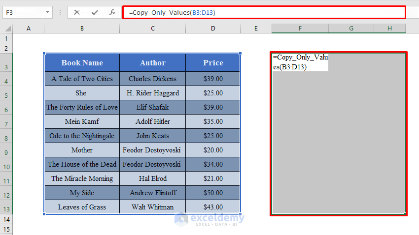 Entering Function to Copy Only Values to Destination with Excel VBA