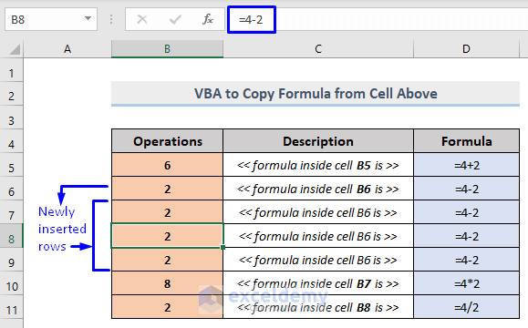 Result of VBA to Copy Cell from Entire User-Defined Rows Above with Formula in Excel