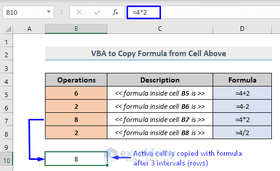 Result of excel vba copy formula from cell above with intervals